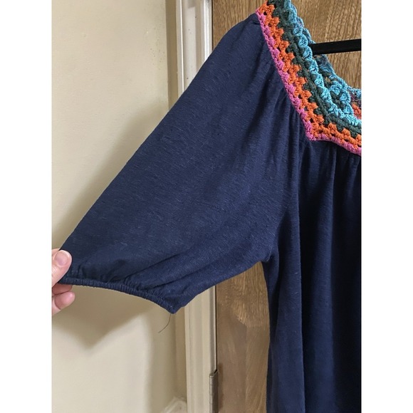 Boden Crochet Multicolor Square Neck Navy Linen Blouse Size 6 Flowy Puff Sleeve - Picture 2 of 14